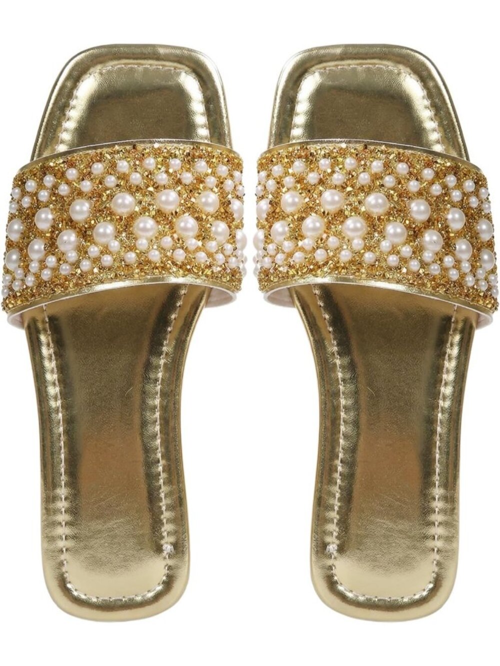 Women's Gold Pearls Leather Sparkly Jeweled Dressy Open Toe Glitter Shiny Flat